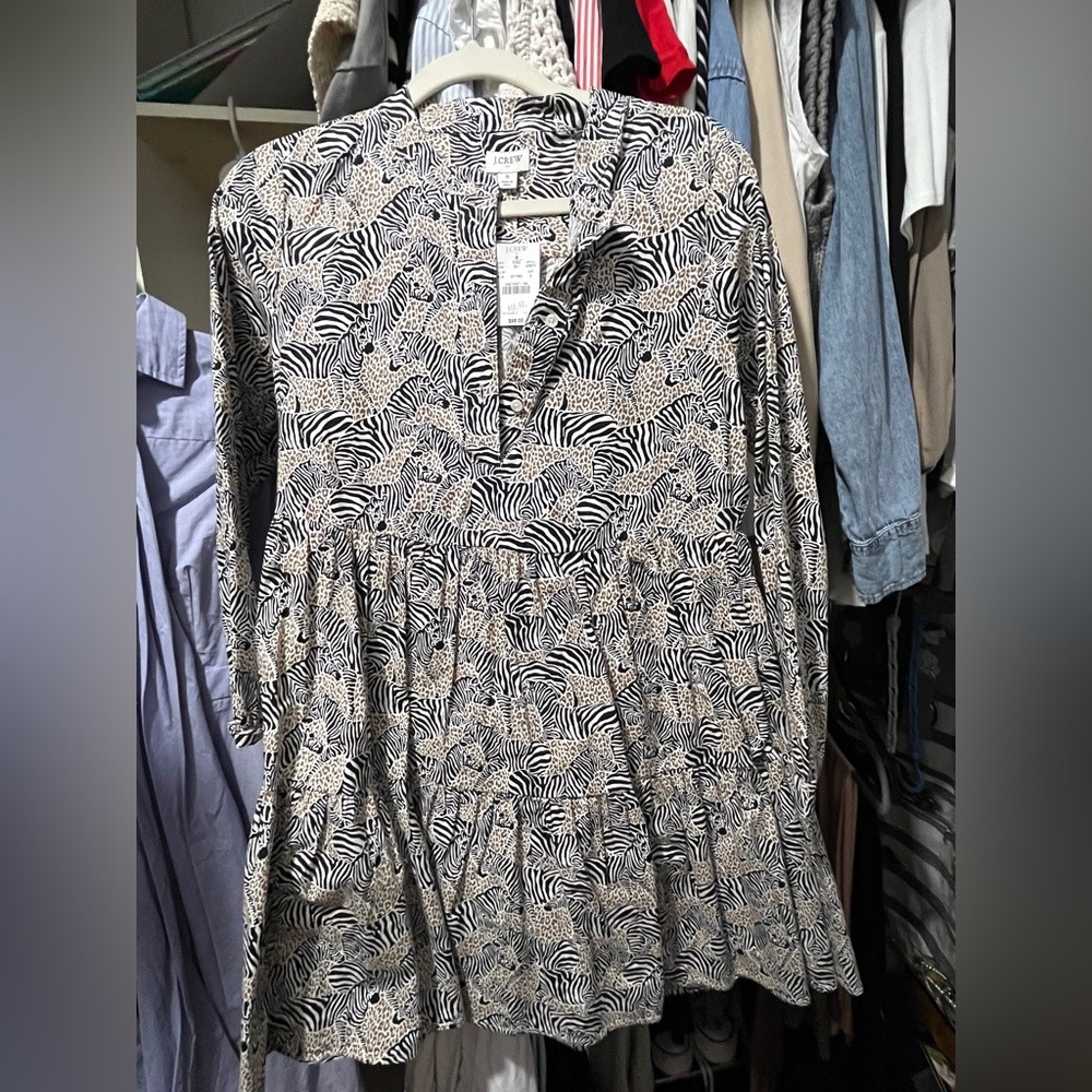 J. Crew Factory Zebra Cheetah Long Sleeve Dress small NWT. Lined skirt. Pockets